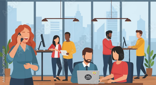 Diverse professionals collaborate in a modern, open-plan office with a city view, embodying teamwork, productivity, and contemporary business culture. Ideal for corporate, tech, or startup concepts.