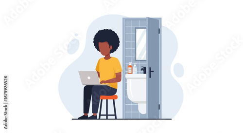 Focused person working remotely on a laptop from an unconventional home setup, symbolizing modern work flexibility.