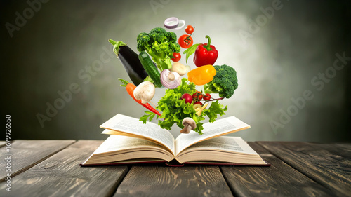 Open Book with Flying Fresh Vegetables – Healthy Cooking Imagination Concept