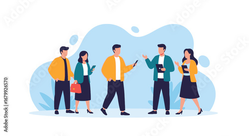 Modern business professionals collaborate and communicate, utilizing digital tools. Represents teamwork, strategy, and networking for corporate success.
