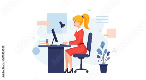 Professional woman working diligently on a computer at her modern office desk. Represents business, online education, and productive workflow.