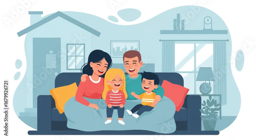 Joyful family with two children relaxing on a sofa at home, depicting happiness, security, and a loving household. Ideal for lifestyle and parenting themes.