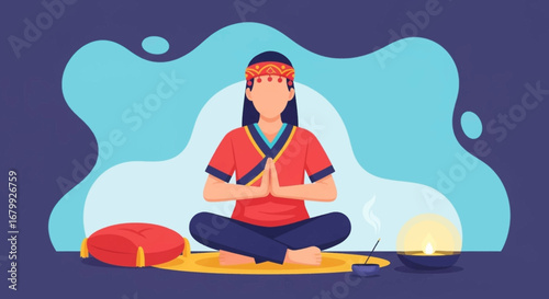 Person meditating in a serene setting with traditional elements like an incense stick and lamp, symbolizing peace, mindfulness, and spiritual wellness.