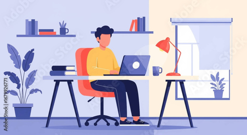 Young man working remotely on a laptop in a modern home office setting. Ideal for themes of productivity, online learning, or freelance work.