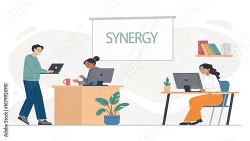Diverse team collaborating in a modern office, fostering synergy and productivity. Ideal for business, teamwork, and corporate concepts.