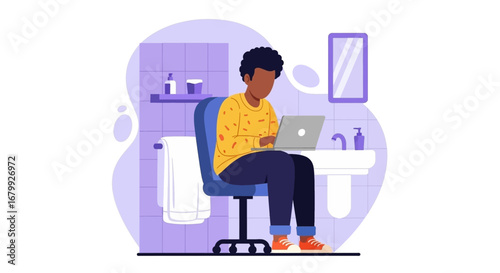 A person works remotely on a laptop from an unconventional home office setup in a bathroom, highlighting modern flexible work trends and lifestyle.