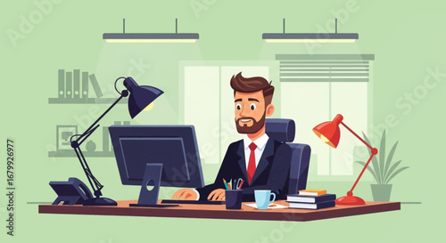 Professional businessman working diligently at his modern office desk, surrounded by technology and documents. Ideal for corporate, finance, or work concepts.