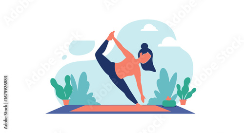 Woman practices a balancing yoga pose on a mat in a serene, stylized outdoor setting, promoting wellness, flexibility, and a healthy lifestyle.