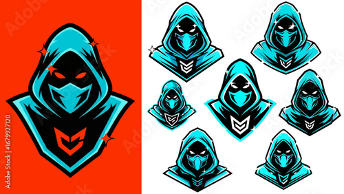 Teal Phantom Ninja Logo Set – Geometric Hooded Masked Avatar with V-Shield Esports Vector Logos