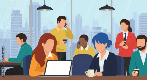 Diverse business team working collaboratively in a modern office with city views, illustrating productivity and communication in a corporate environment.