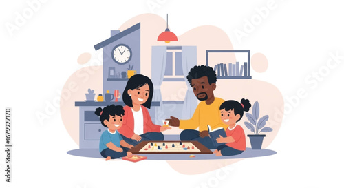 Happy family enjoys quality time at home, playing a board game and reading. Depicts togetherness, learning, and relaxation for lifestyle concepts.