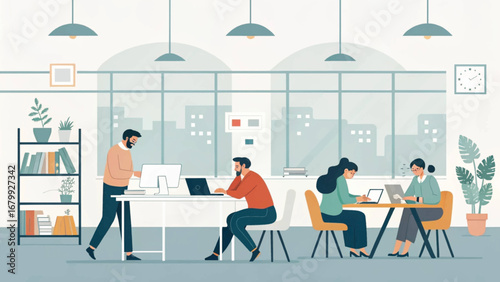 Diverse professionals focused on tasks with laptops and computers in a modern, collaborative office environment. Represents productivity, teamwork, and contemporary business.