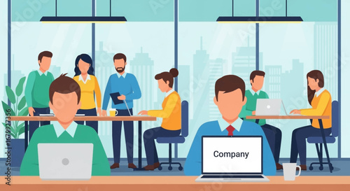 Diverse business team collaborating and working diligently in a modern, open-plan office with a cityscape view. Represents professionalism, productivity, and corporate success.