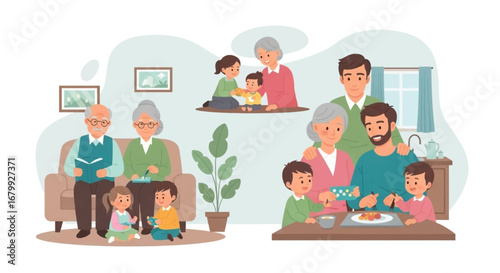 Joyful multi-generational family moments at home: grandparents, parents, and children bonding over shared activities, embodying love and togetherness.