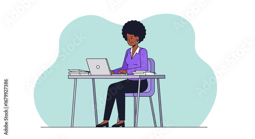 Confident African American woman efficiently working on her laptop at a desk. Perfect for business, education, productivity, or remote work themes.