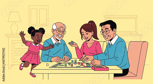 Happy multi-generational family playing a colorful board game together at home, enjoying quality time and bonding. Ideal for concepts of leisure, education, and family lifestyle.