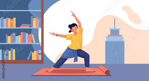 Woman practices yoga at home, finding balance and peace in an urban setting. Ideal for wellness, lifestyle, and fitness content.