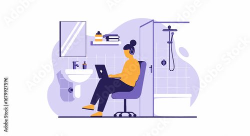 Woman wearing headphones works on a laptop in a bathroom, symbolizing remote work, flexible productivity, and unconventional office spaces. Perfect for business and lifestyle themes.