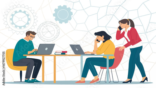 Professionals collaborating and communicating in a modern office environment, utilizing laptops and smartphones for productive teamwork.