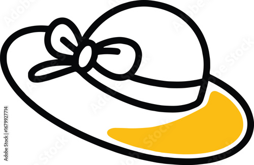 Vector art of elegant sun hat icon, featuring a stylish bow and brim, perfect for representing fashion, summer accessories, and vacation wear in a clean and modern design