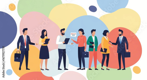 Diverse business team collaborating on marketing and sales strategies, showcasing teamwork and professional communication in a vibrant corporate environment.