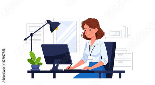 Smiling professional woman diligently working at her computer in a modern office. Illustrates productivity, focus, and corporate life, suitable for business and technology themes.