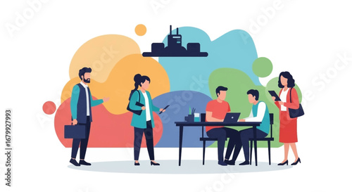 Diverse business team meeting and collaborating in a modern workplace setting, discussing ideas and planning projects. Represents teamwork, innovation, and strategic development.