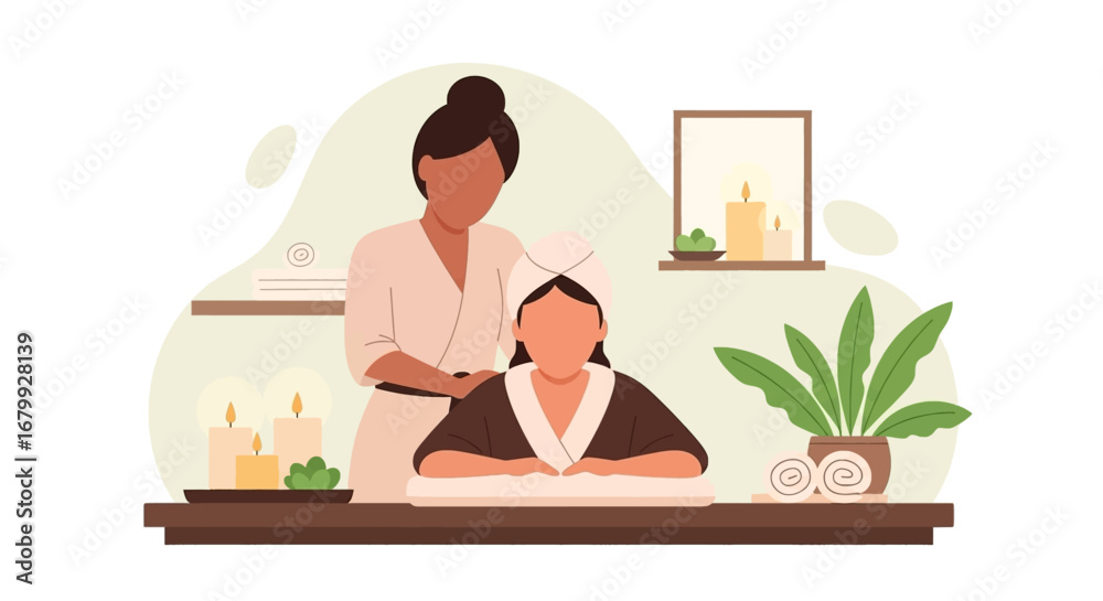 Fototapeta premium Woman enjoying a relaxing spa treatment with a therapist. Perfect for concepts of wellness, self-care, and luxury lifestyle.