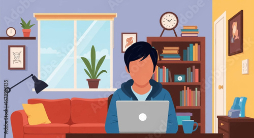 Person focused on laptop in a cozy home office, ideal for remote work, online learning, or digital freelancing. Represents modern productivity and comfortable lifestyle.