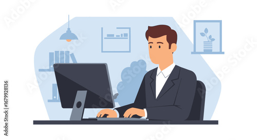 Professional man in a suit working diligently on a computer at his modern office desk. Ideal for business, technology, and productivity concepts.