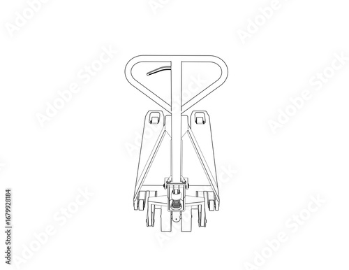 Industrial Pallet Truck Wireframe: Detailed Technical Vector Line Art for Warehouse Logistics, Material Handling and Supply Chain Efficiency. Monochrome Blueprint Illustration for Factory Operations.