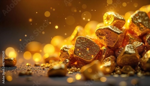 Close-up of glittering gold nuggets, bathed in soft light, suggesting spiritual enlightenment and inner wealth ,  self-discovery,  spiritual,  holy