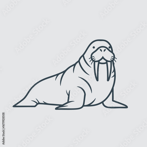 A serene walrus lounging on a smooth surface, showcasing its distinctive tusks and whiskers in a minimalist setting