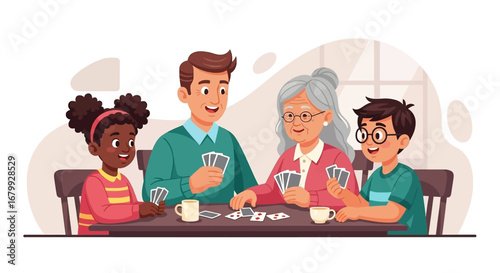 Happy multi-generational family playing cards and enjoying a beverage at home. Illustrates togetherness, leisure, and family bonding.