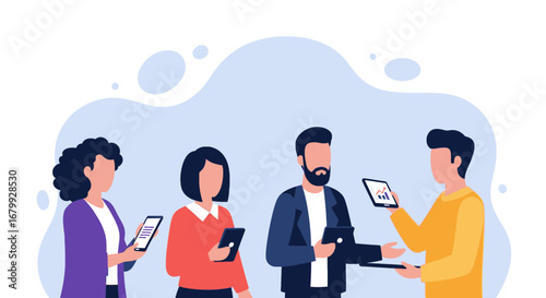 Professional team collaborating and exchanging data on mobile devices. Concept of digital communication, business analytics, and modern workplace.