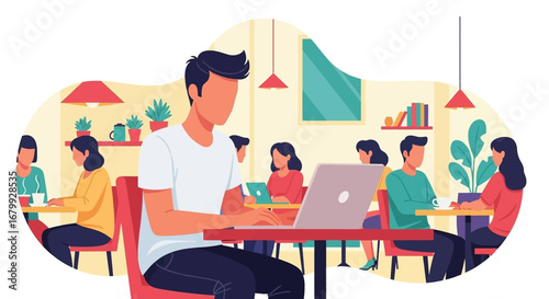 Young man intently working on his laptop in a modern, vibrant cafe. Represents remote work, freelance productivity, and a dynamic co-working lifestyle.