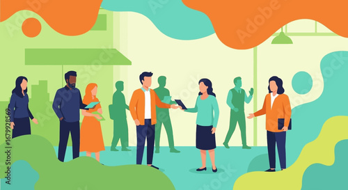 Diverse business professionals collaborate and communicate in a vibrant, modern office environment. Ideal for corporate and team-building concepts.