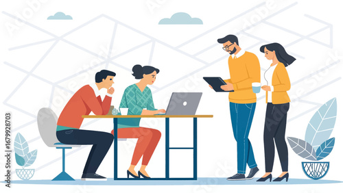 Professional business team collaborating on a project in a modern office, utilizing technology for discussion and enhanced productivity.