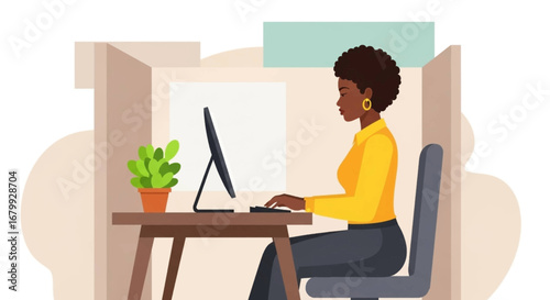 Focused African American woman diligently working on a computer in a modern office cubicle. Represents productivity, career, and corporate environment.
