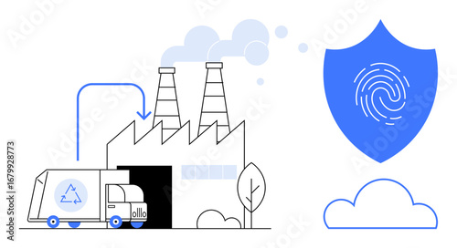 Factory with smoke stacks, recycling truck, blue shield with fingerprint, and cloud. Ideal for sustainability, recycling, environmental safety, cybersecurity, technology logistics and data