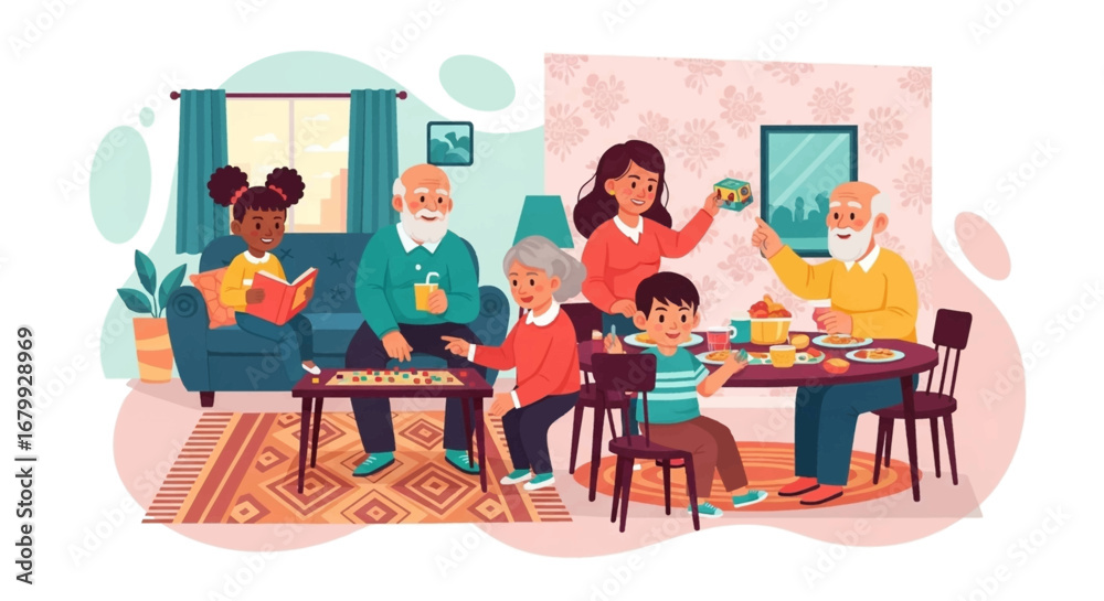 Fototapeta premium Happy multi-generational family enjoying quality time at home, playing board games, reading, and sharing a meal. Depicts joyful family bonding and leisure lifestyle.