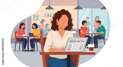 Woman working on laptop in a vibrant cafe, surrounded by other people. Ideal for depicting remote work, casual business meetings, or a modern lifestyle.