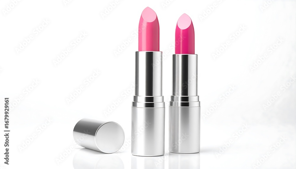Obraz premium Two elegant, light pink lipsticks in metallic silver containers are displayed against a pure white background.