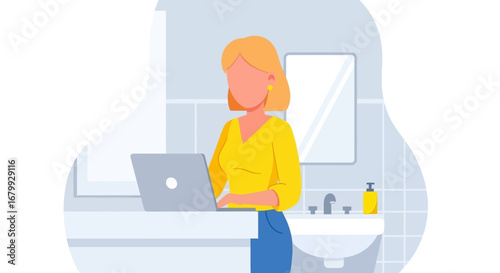 Woman working on laptop in a modern bathroom, symbolizing remote work, flexible lifestyle, and productivity. Ideal for business, tech, and work-life balance.