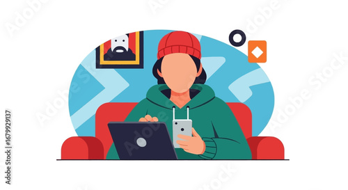 Casual person in a beanie and hoodie, multitasking with laptop and smartphone on a red couch. Modern digital lifestyle, remote work, or online learning.