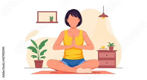 Young woman meditating in a peaceful home setting, promoting wellness, mindfulness, and relaxation. Ideal for lifestyle and self-care concepts.