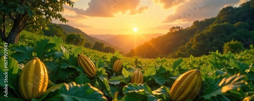 A vibrant sun shines down on a lush field of cocoa plants, their pods glistening with morning dew The scene is idyllic, promising a rich and delicious chocolate harvest , soil, rural