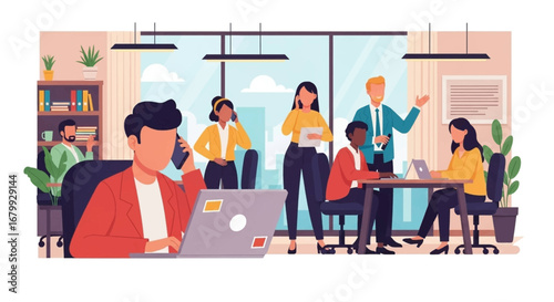 Diverse professionals collaborating in a modern open-plan office, engaged in communication and work tasks, illustrating teamwork and business productivity.