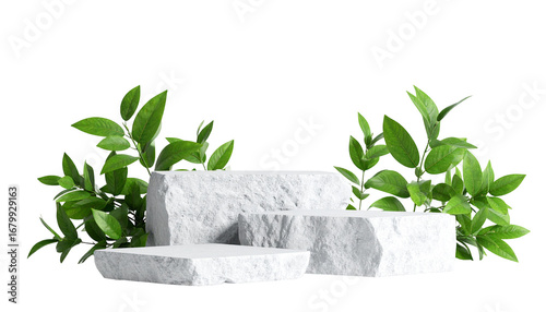 White stone display podium surrounded by green leaves against black