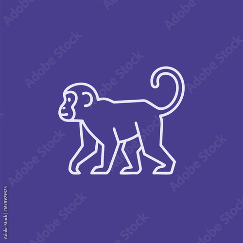 Stylized outline of a monkey walking against a vibrant purple background, ideal for playful designs and educational materials